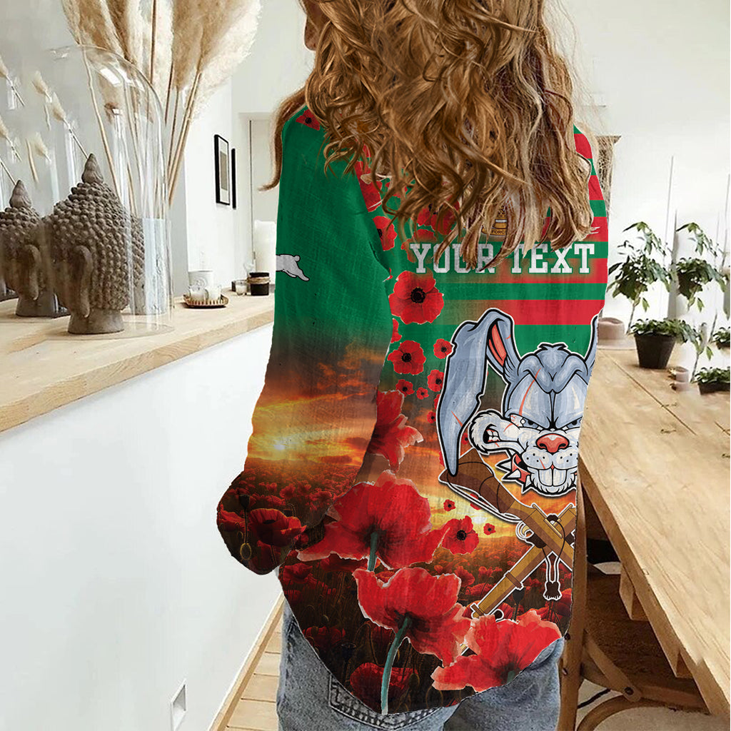 Personalised Rabbitohs Rugby ANZAC Women Casual Shirt Starry Night and Field of Poppies - Vibe Hoodie Shop