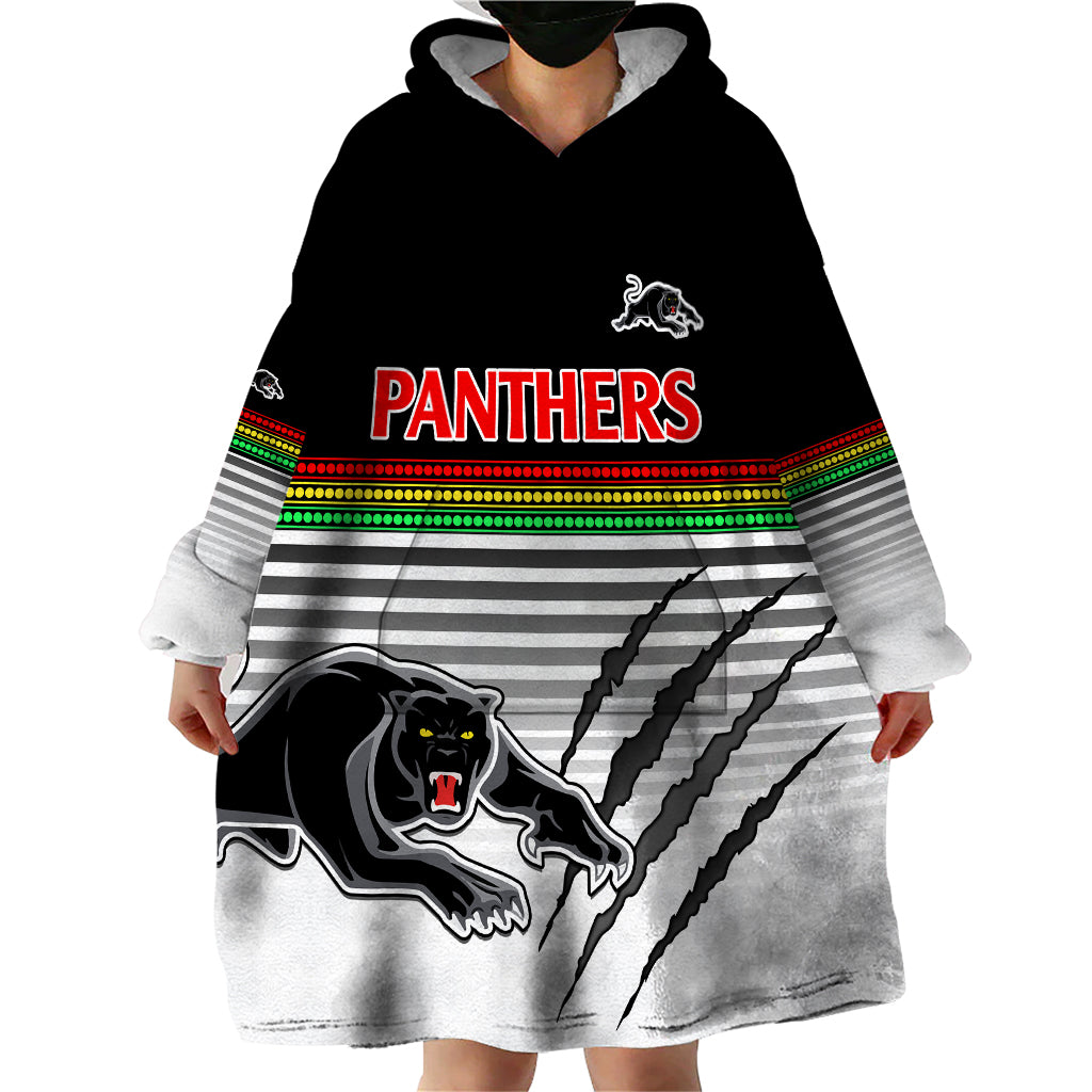 (Custom Text And Number) Penrith Panthers Rugby Wearable Blanket Hoodie Authentic Permiers Black Version 2023 - Vibe Hoodie Shop