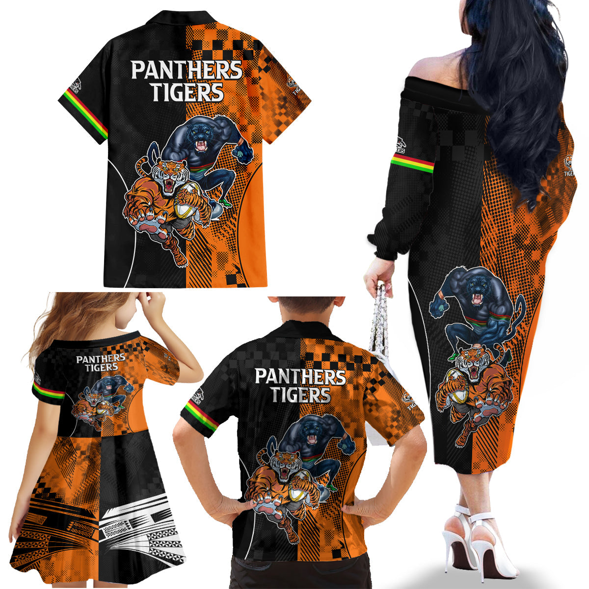 NRL Tigers Combine Panthers Rugby Family Matching Off Shoulder Short Dress and Hawaiian Shirt Sporty Style LT9