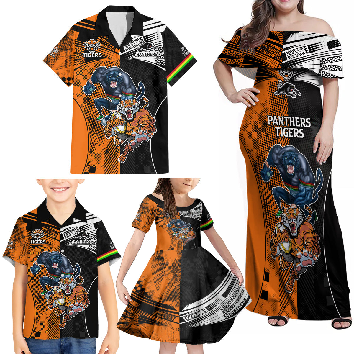 NRL Tigers Combine Panthers Rugby Family Matching Off Shoulder Long Sleeve Dress and Hawaiian Shirt Sporty Style LT9