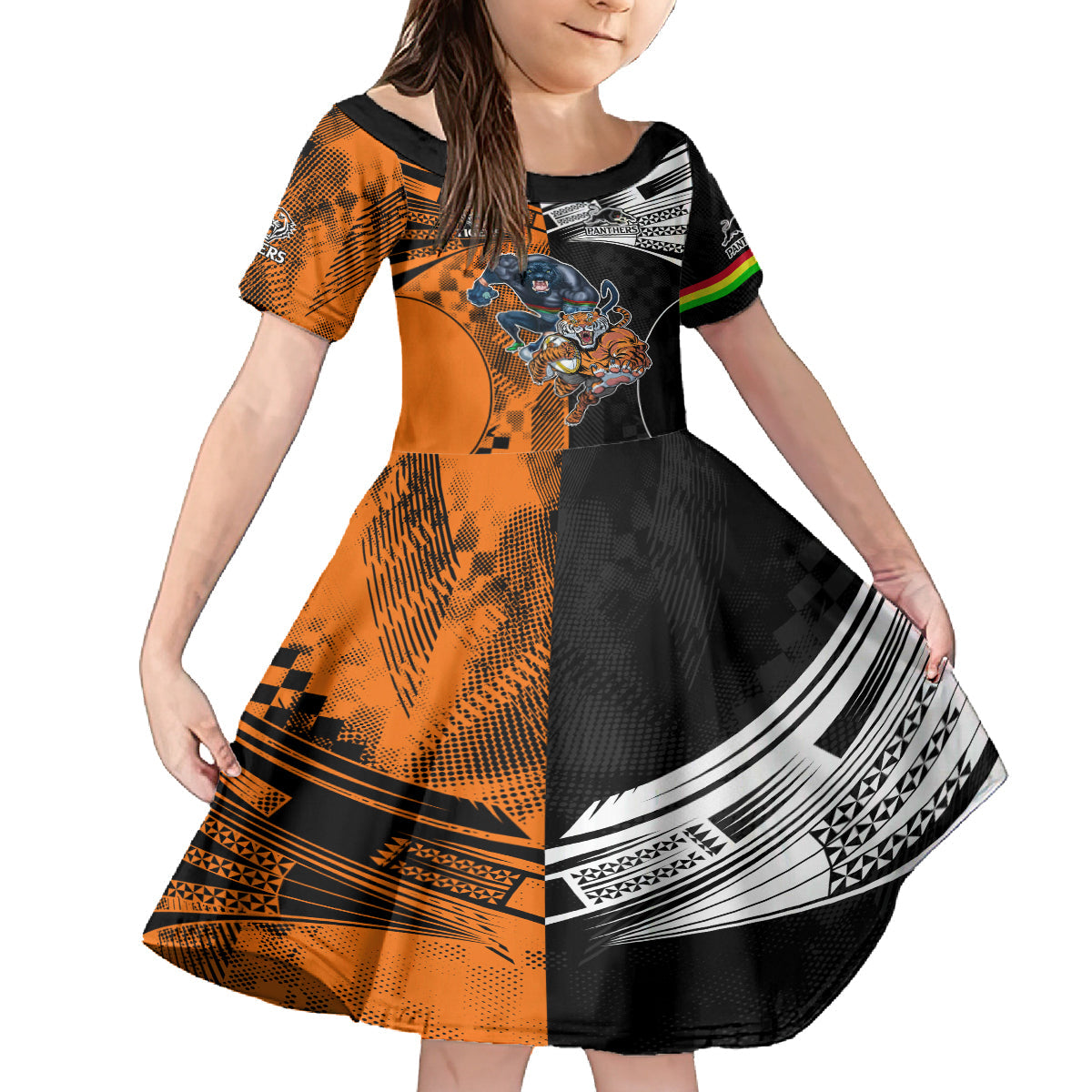 NRL Tigers Combine Panthers Rugby Family Matching Off Shoulder Long Sleeve Dress and Hawaiian Shirt Sporty Style LT9