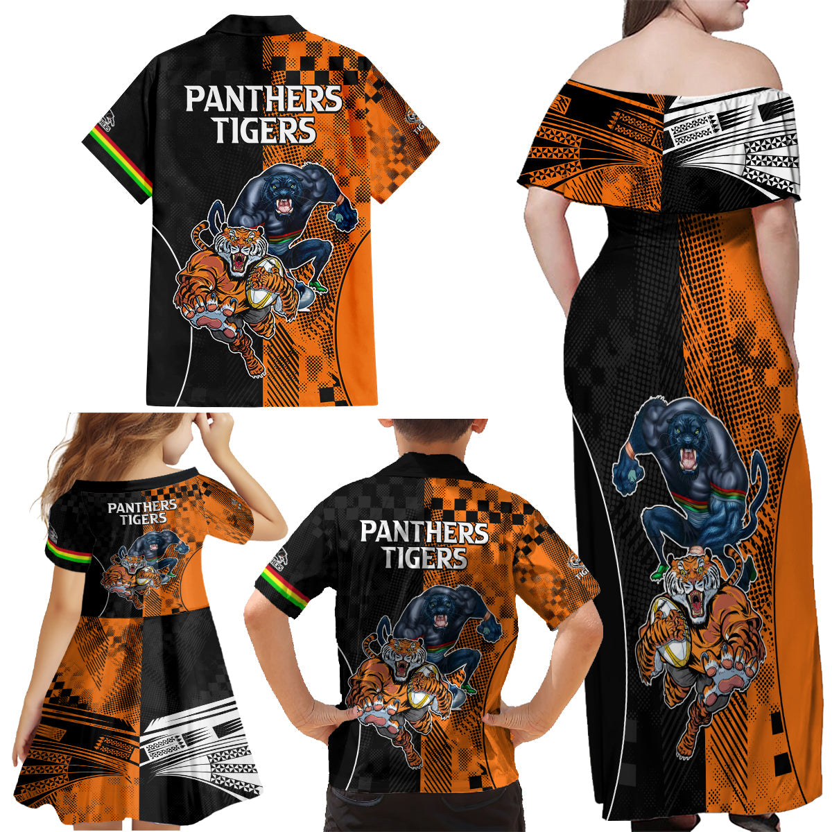 NRL Tigers Combine Panthers Rugby Family Matching Off Shoulder Long Sleeve Dress and Hawaiian Shirt Sporty Style LT9