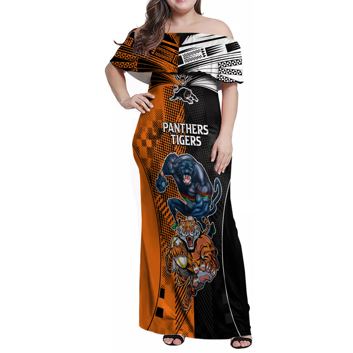 NRL Tigers Combine Panthers Rugby Family Matching Off Shoulder Long Sleeve Dress and Hawaiian Shirt Sporty Style LT9