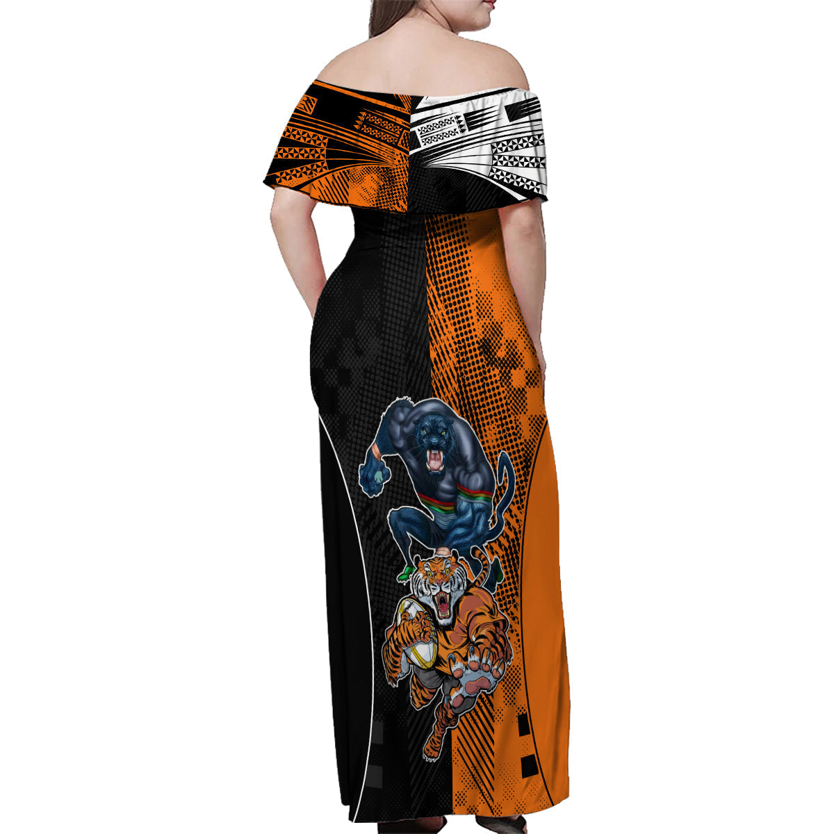 NRL Tigers Combine Panthers Rugby Family Matching Off Shoulder Long Sleeve Dress and Hawaiian Shirt Sporty Style LT9