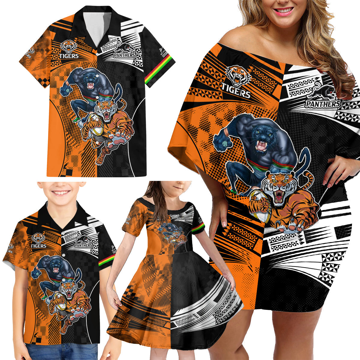 NRL Tigers Combine Panthers Rugby Family Matching Off Shoulder Maxi Dress and Hawaiian Shirt Sporty Style LT9