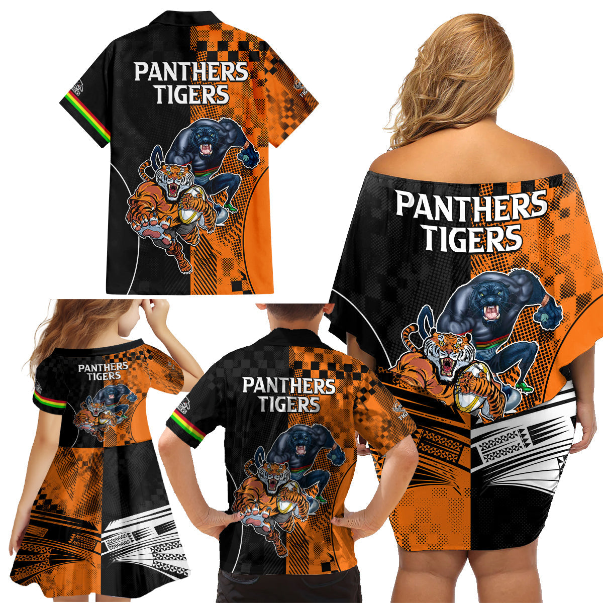 NRL Tigers Combine Panthers Rugby Family Matching Off Shoulder Maxi Dress and Hawaiian Shirt Sporty Style LT9