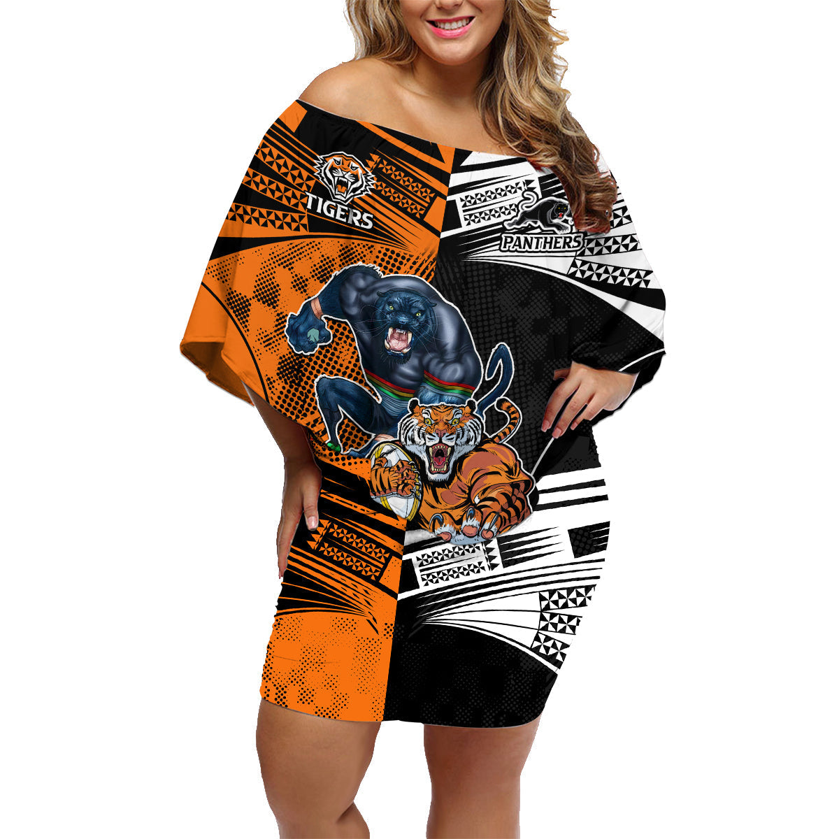 NRL Tigers Combine Panthers Rugby Family Matching Off Shoulder Maxi Dress and Hawaiian Shirt Sporty Style LT9