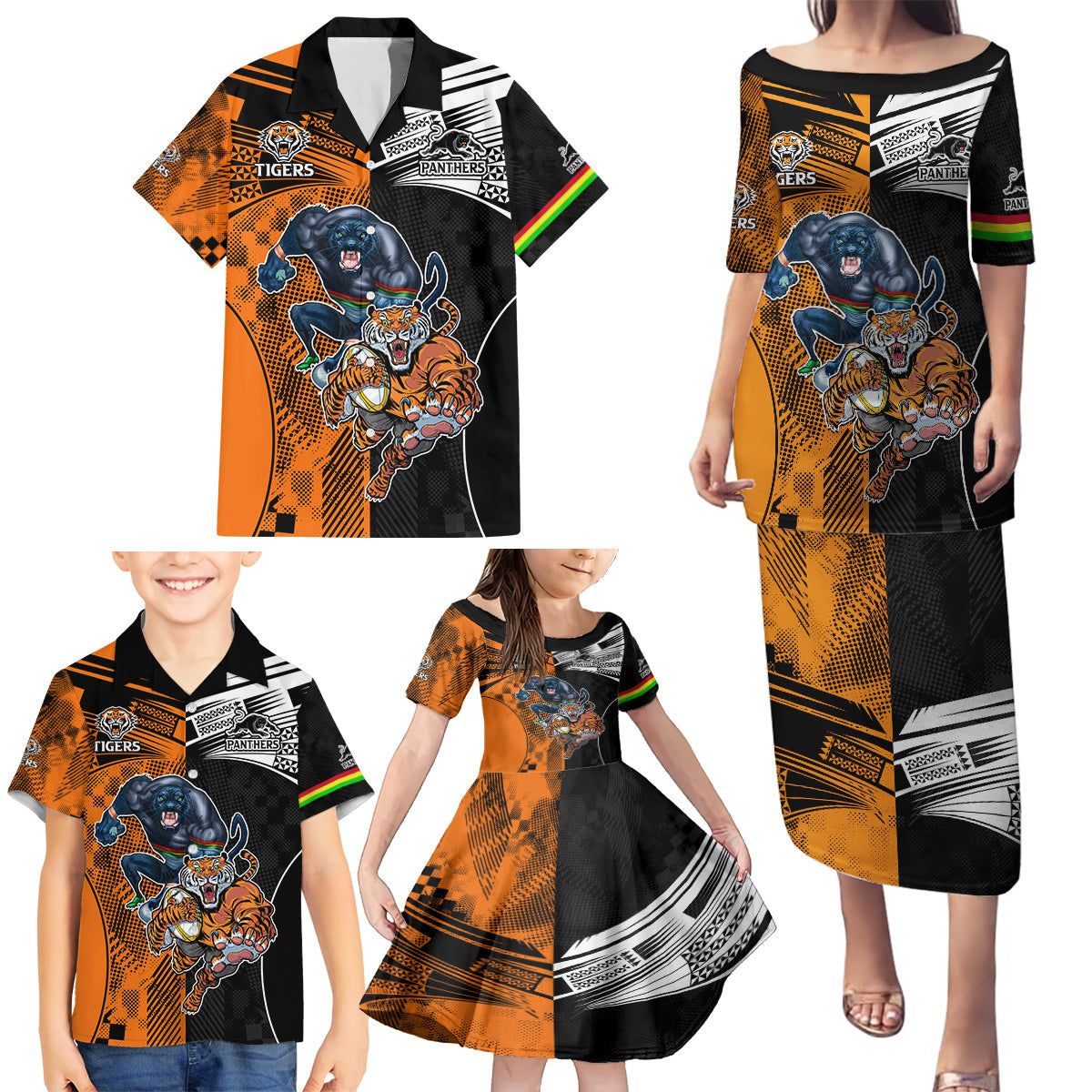 NRL Tigers Combine Panthers Rugby Family Matching Puletasi Dress and Hawaiian Shirt Sporty Style LT9