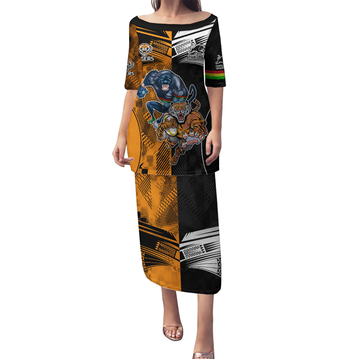 NRL Tigers Combine Panthers Rugby Family Matching Puletasi Dress and Hawaiian Shirt Sporty Style LT9