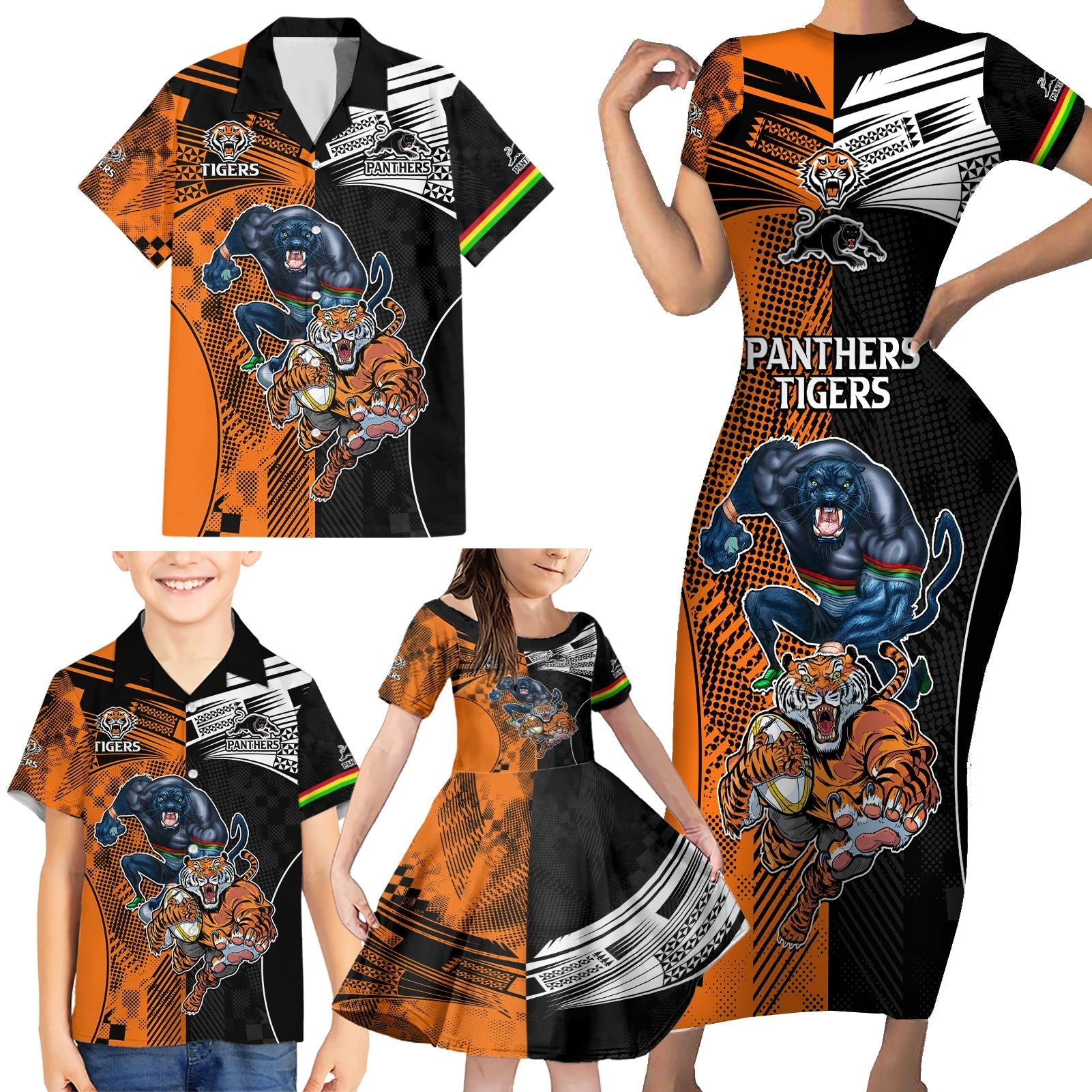 NRL Tigers Combine Panthers Rugby Family Matching Short Sleeve Bodycon Dress and Hawaiian Shirt Sporty Style LT9
