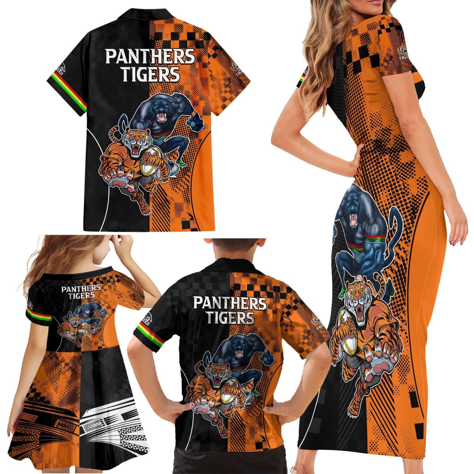NRL Tigers Combine Panthers Rugby Family Matching Short Sleeve Bodycon Dress and Hawaiian Shirt Sporty Style LT9