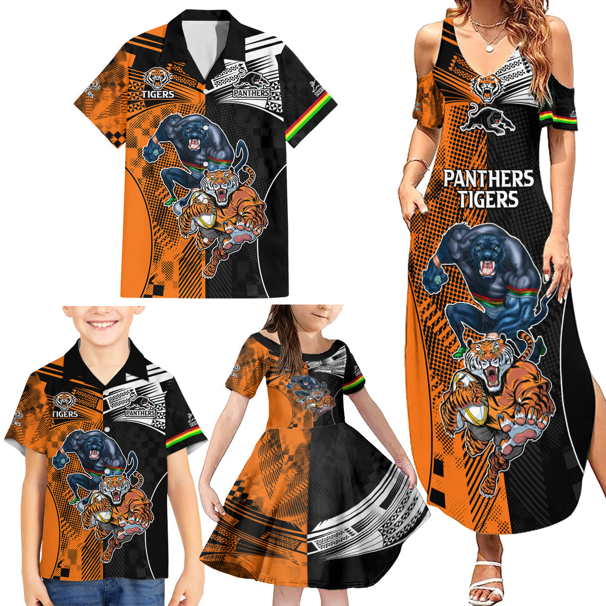 NRL Tigers Combine Panthers Rugby Family Matching Summer Maxi Dress and Hawaiian Shirt Sporty Style LT9
