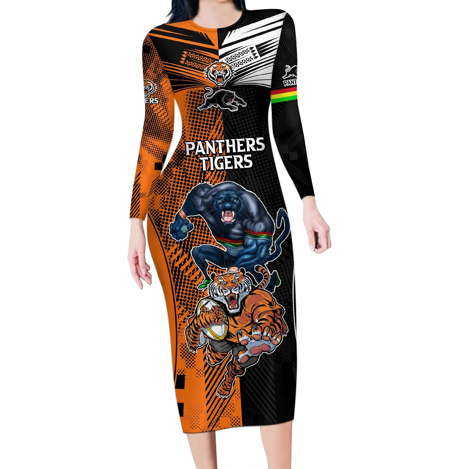 NRL Tigers Combine Panthers Rugby Long Sleeve Bodycon Dress Sporty Style LT9