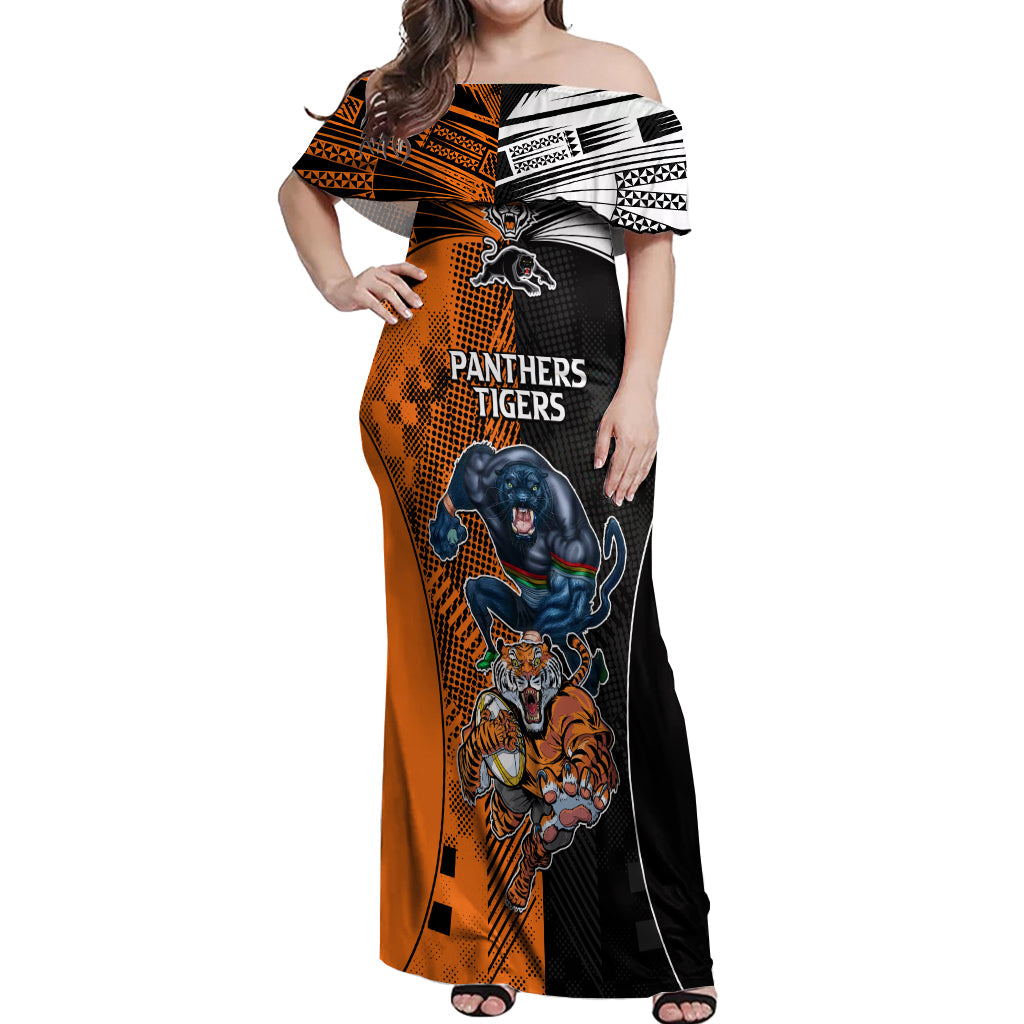 NRL Tigers Combine Panthers Rugby Off Shoulder Maxi Dress Sporty Style LT9