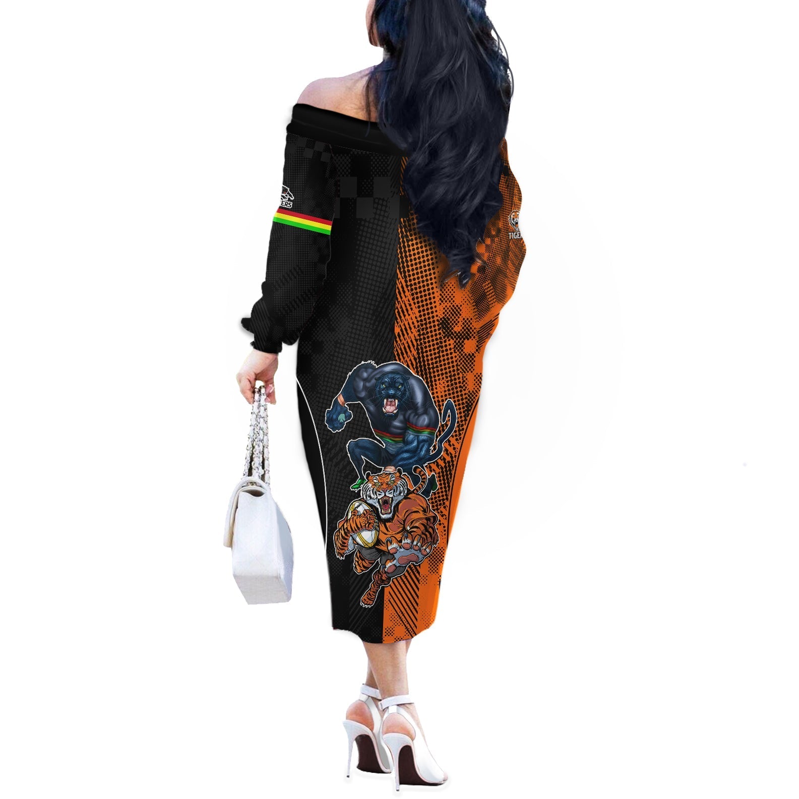 NRL Tigers Combine Panthers Rugby Off The Shoulder Long Sleeve Dress Sporty Style LT9