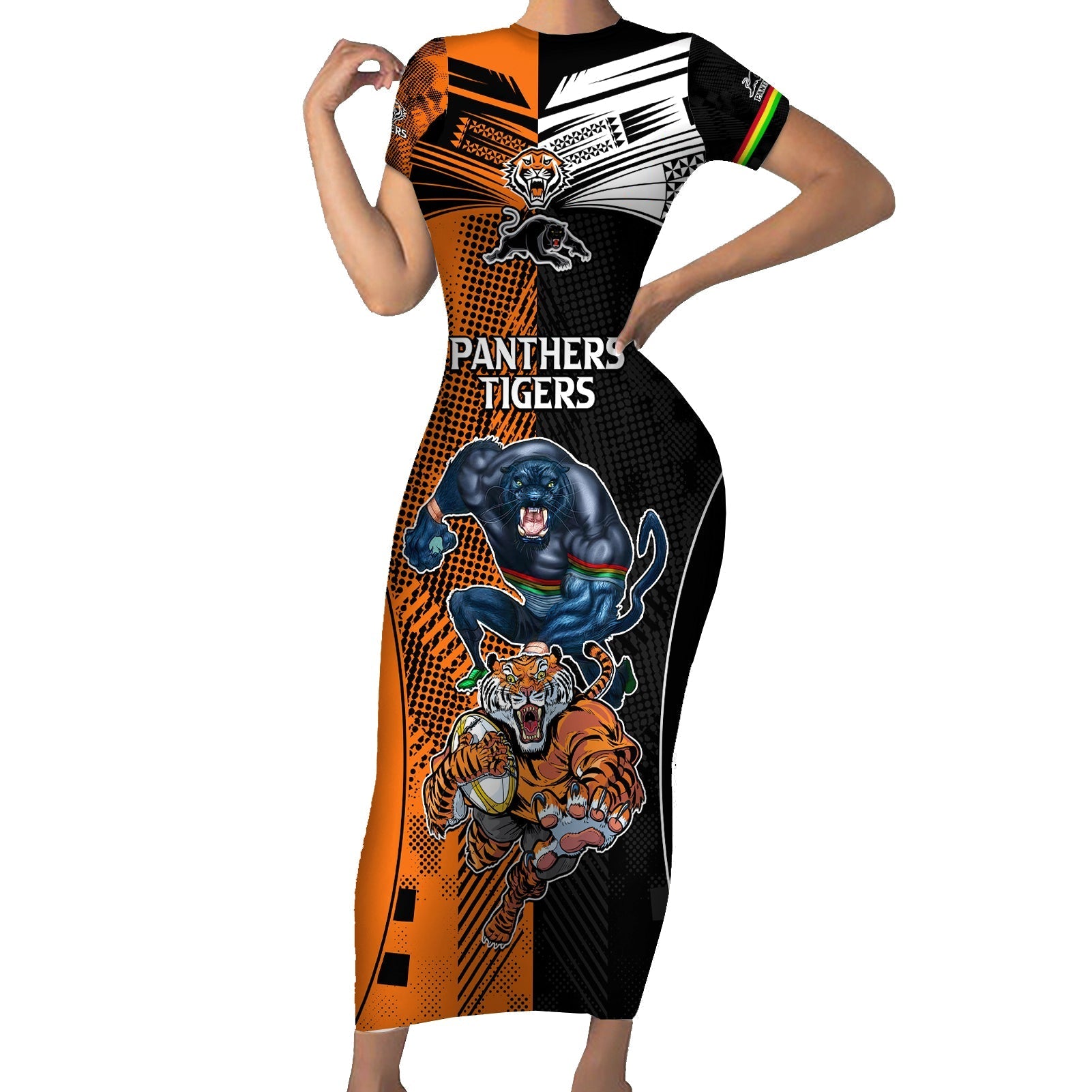 NRL Tigers Combine Panthers Rugby Short Sleeve Bodycon Dress Sporty Style LT9