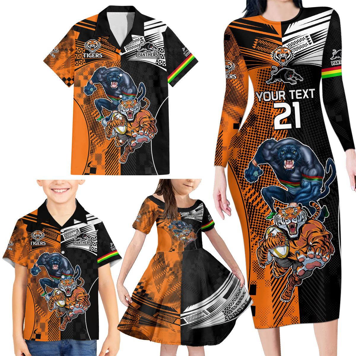 Custom NRL Tigers Combine Panthers Rugby Family Matching Long Sleeve Bodycon Dress and Hawaiian Shirt Sporty Style LT9