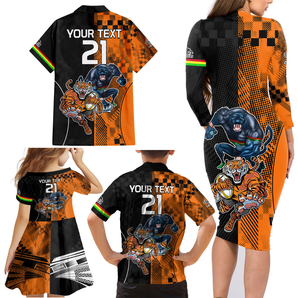 Custom NRL Tigers Combine Panthers Rugby Family Matching Long Sleeve Bodycon Dress and Hawaiian Shirt Sporty Style LT9