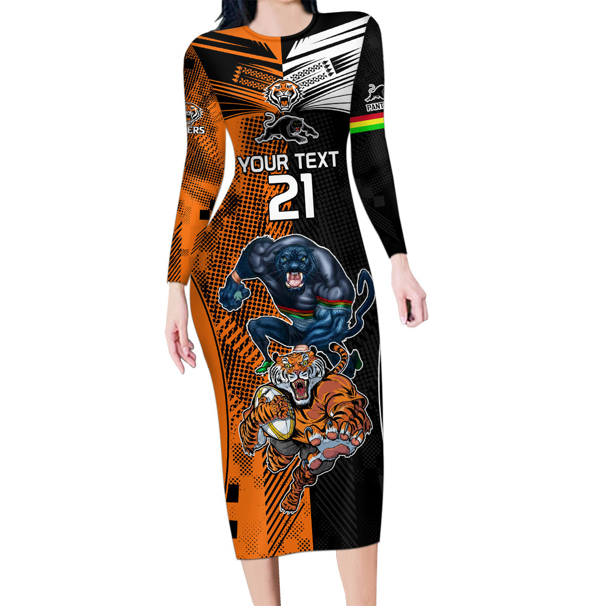 Custom NRL Tigers Combine Panthers Rugby Family Matching Long Sleeve Bodycon Dress and Hawaiian Shirt Sporty Style LT9