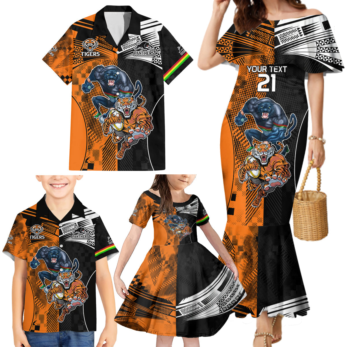 Custom NRL Tigers Combine Panthers Rugby Family Matching Mermaid Dress and Hawaiian Shirt Sporty Style LT9