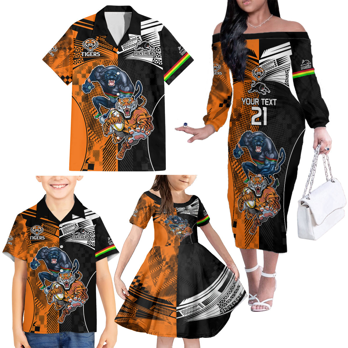 Custom NRL Tigers Combine Panthers Rugby Family Matching Off Shoulder Long Sleeve Dress and Hawaiian Shirt Sporty Style LT9