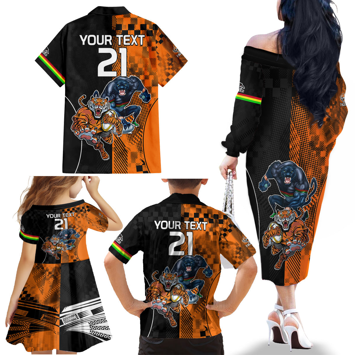 Custom NRL Tigers Combine Panthers Rugby Family Matching Off Shoulder Long Sleeve Dress and Hawaiian Shirt Sporty Style LT9