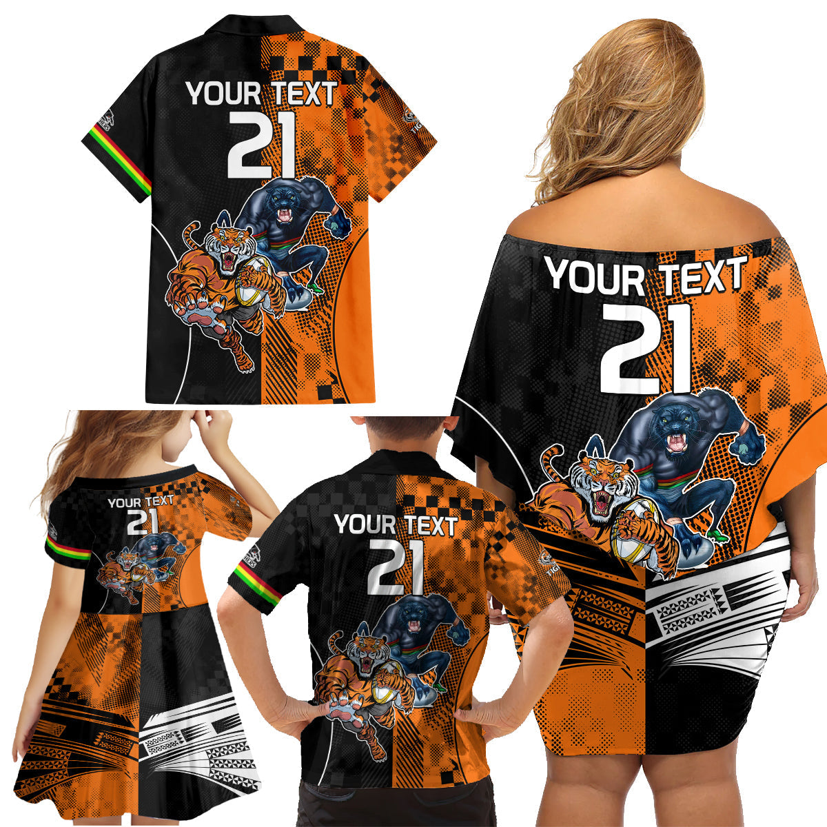 Custom NRL Tigers Combine Panthers Rugby Family Matching Off Shoulder Short Dress and Hawaiian Shirt Sporty Style LT9