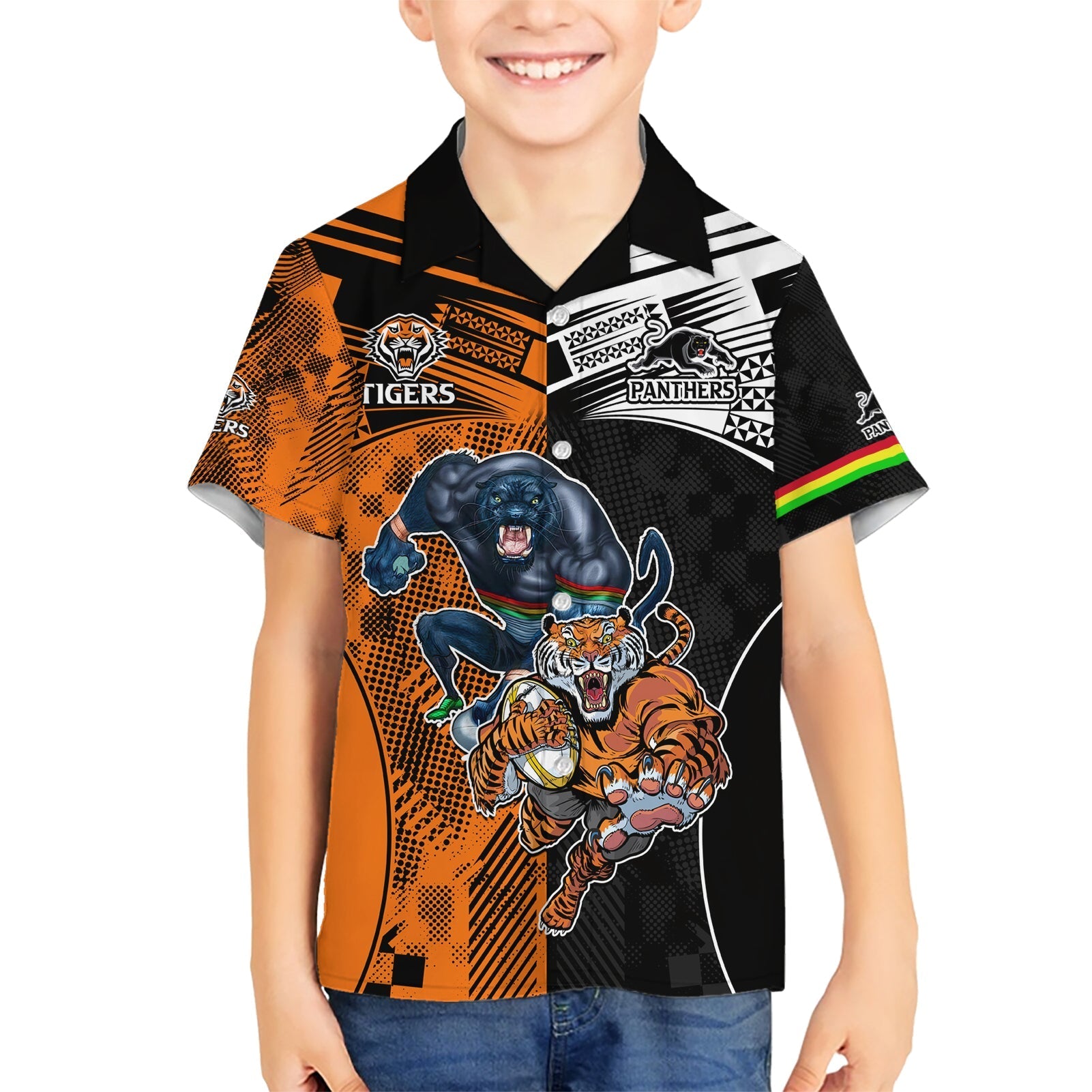 Custom NRL Tigers Combine Panthers Rugby Family Matching Short Sleeve Bodycon Dress and Hawaiian Shirt Sporty Style LT9