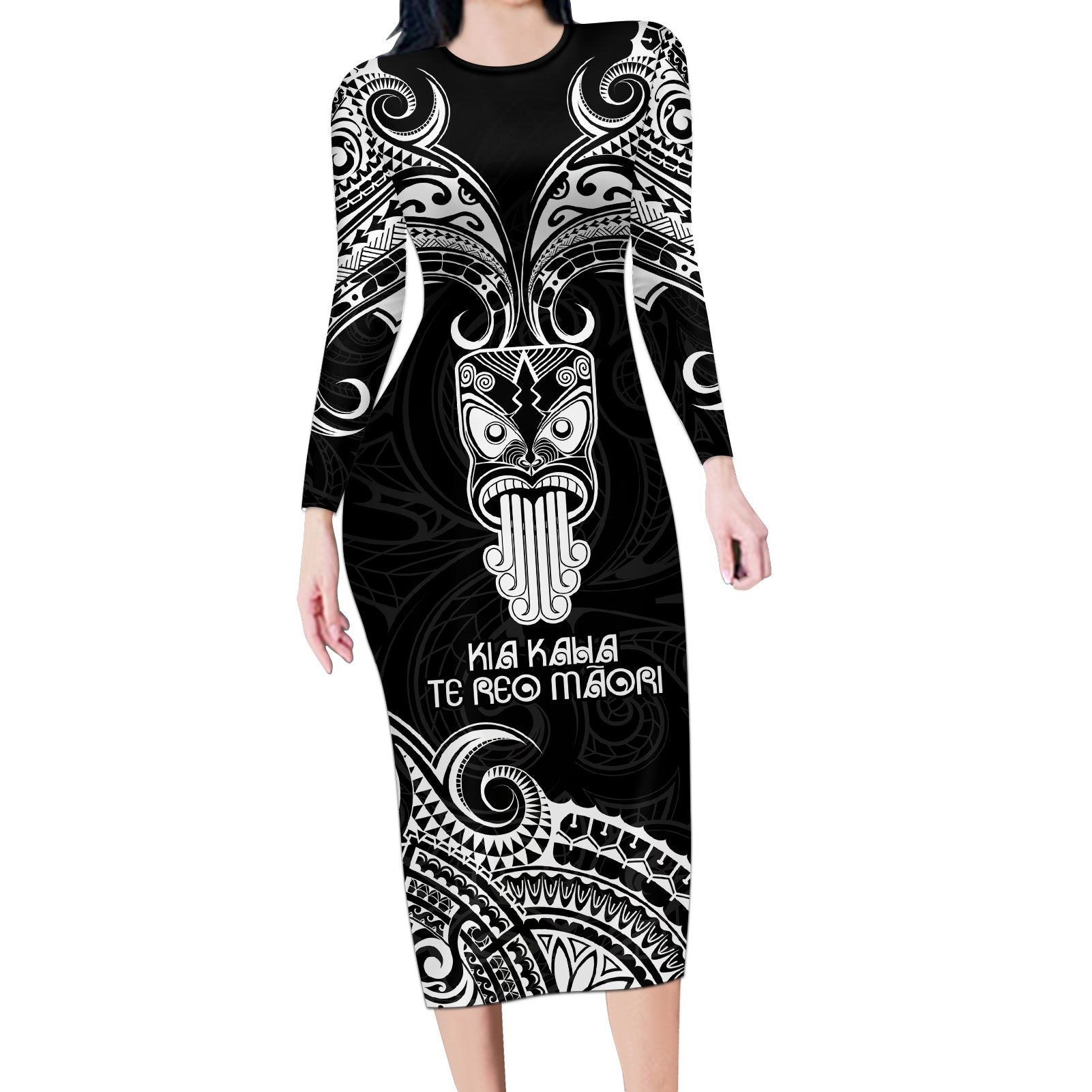 Personalised New Zealand Te Reo Maori Long Sleeve Bodycon Dress Kia Kaha Maori Language Week Black Style LT9