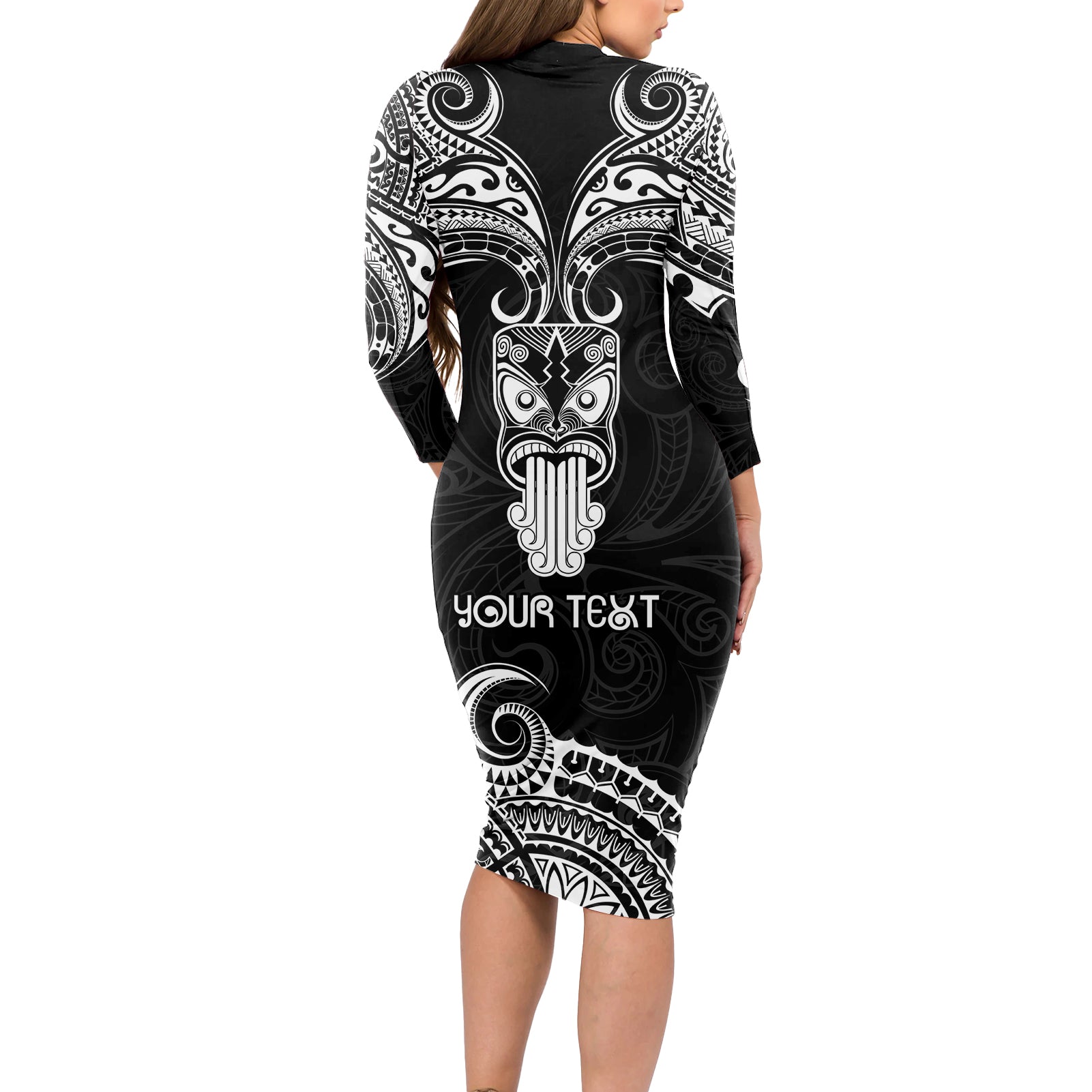 Personalised New Zealand Te Reo Maori Long Sleeve Bodycon Dress Kia Kaha Maori Language Week Black Style LT9