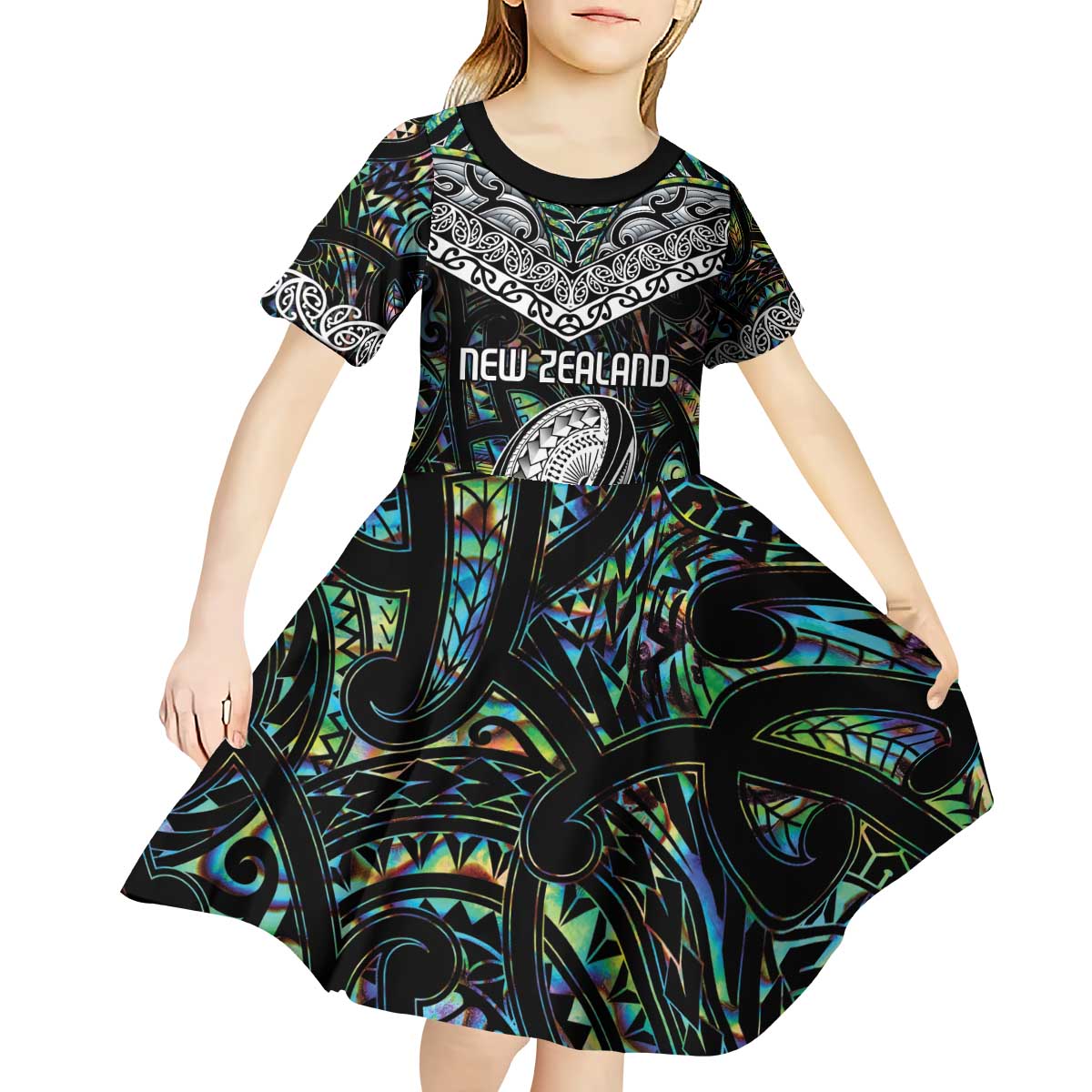 Custom New Zealand Kid Short Sleeve Dress Maori Rugby Tattoo Papua Shell - Vibe Hoodie Shop
