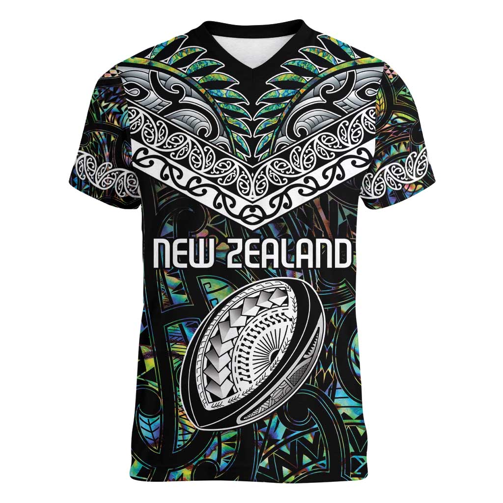 Custom New Zealand Women V-Neck T-Shirt Maori Rugby Tattoo Papua Shell - Vibe Hoodie Shop