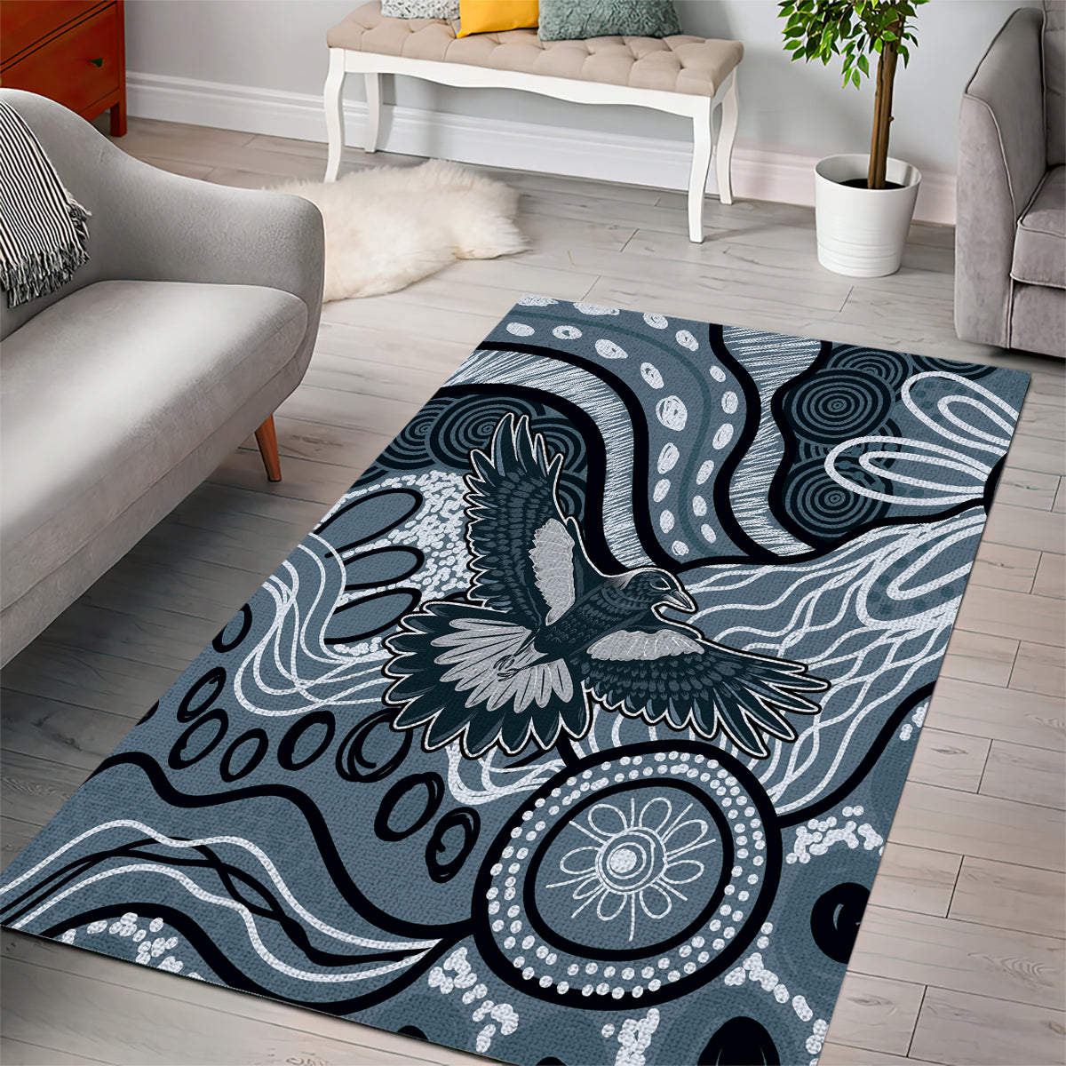 Magpies Aboriginal Art Area Rug - Vibe Hoodie Shop