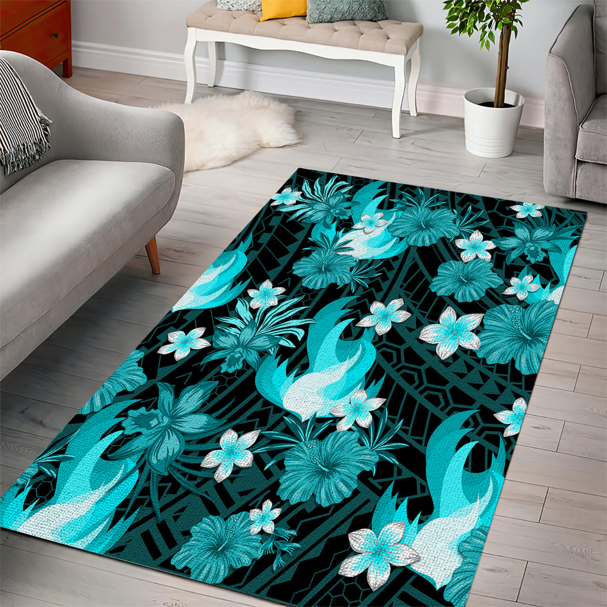 Australian Heat Cricket Area Rug Baeuty Pacific Hibiscus and Polynesian Pattern - Vibe Hoodie Shop