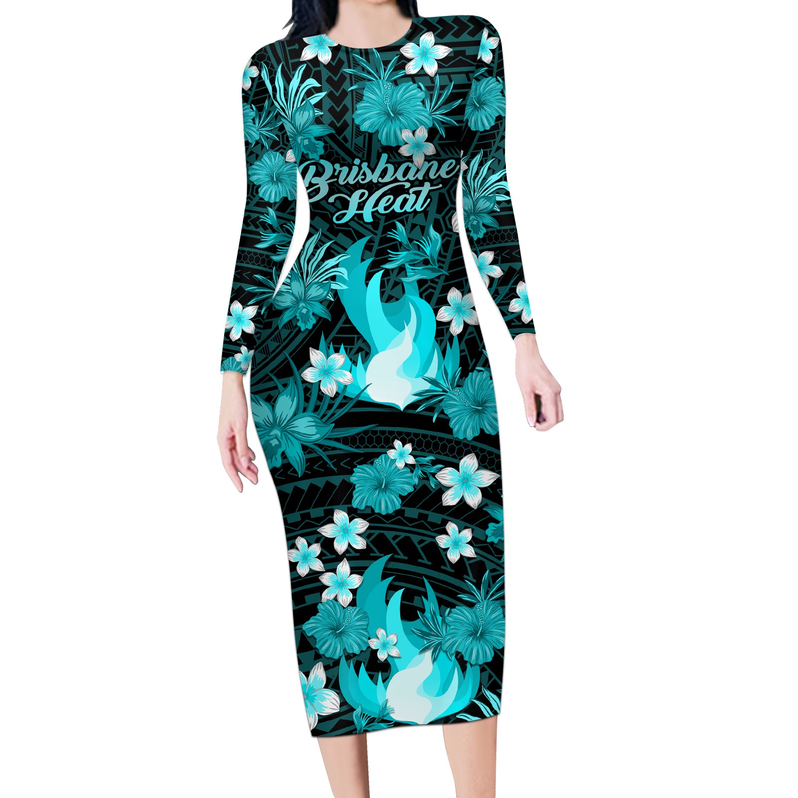 australian-heat-cricket-long-sleeve-bodycon-dress-baeuty-pacific-hibiscus-and-polynesian-pattern