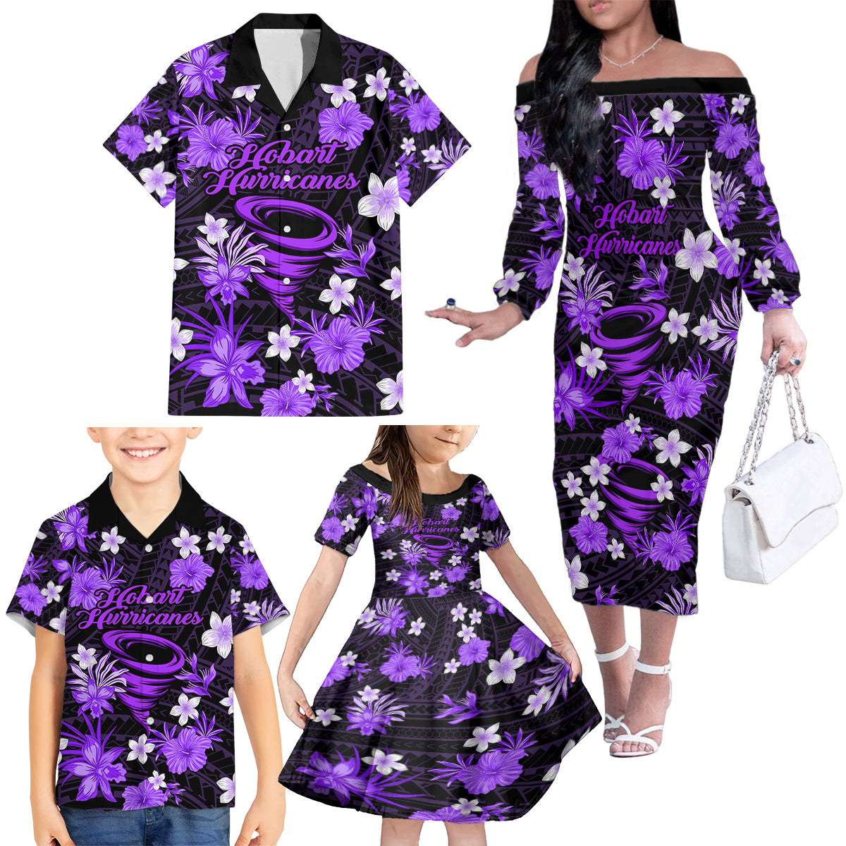 australian-hurricanes-cricket-family-matching-off-shoulder-long-sleeve-dress-and-hawaiian-shirt-baeuty-pacific-hibiscus-and-polynesian-pattern