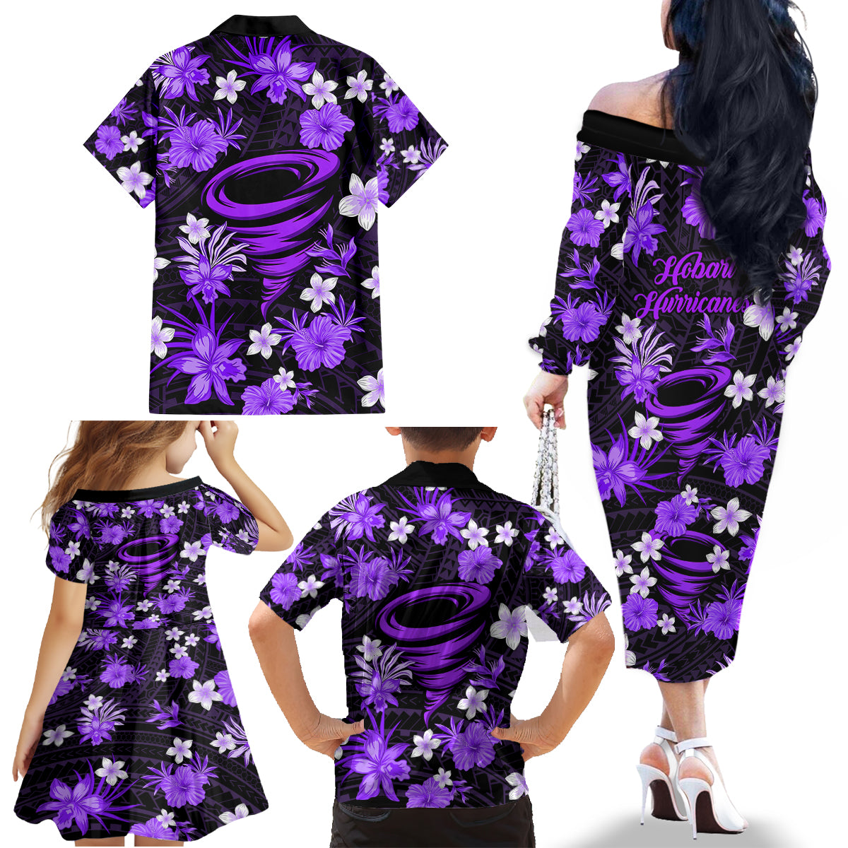 australian-hurricanes-cricket-family-matching-off-shoulder-long-sleeve-dress-and-hawaiian-shirt-baeuty-pacific-hibiscus-and-polynesian-pattern