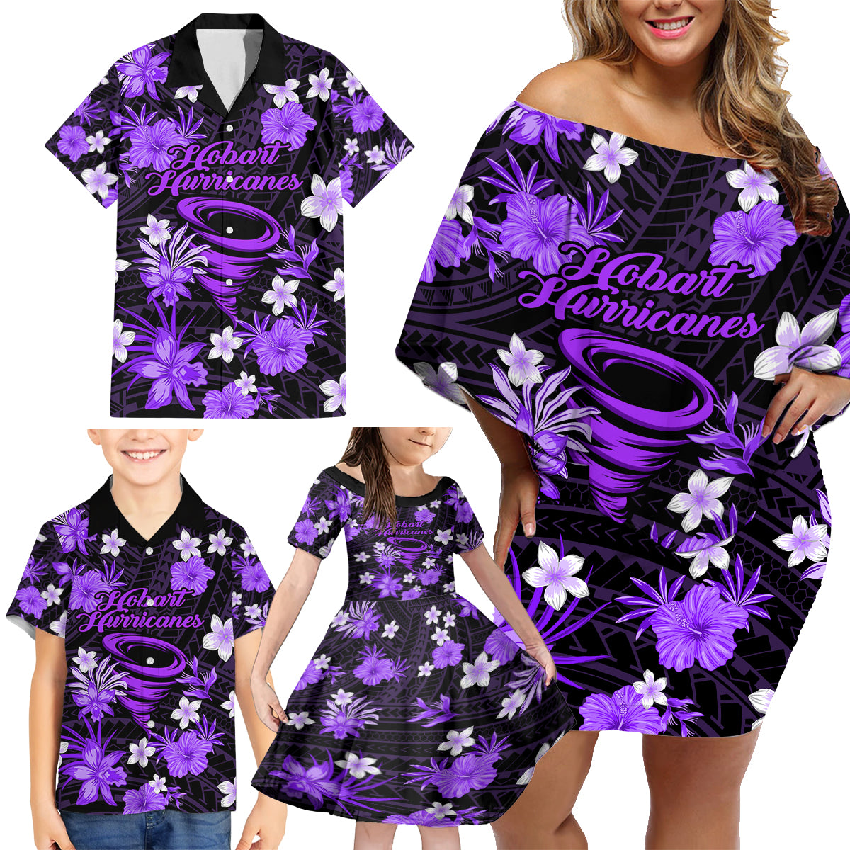 australian-hurricanes-cricket-family-matching-off-shoulder-short-dress-and-hawaiian-shirt-baeuty-pacific-hibiscus-and-polynesian-pattern