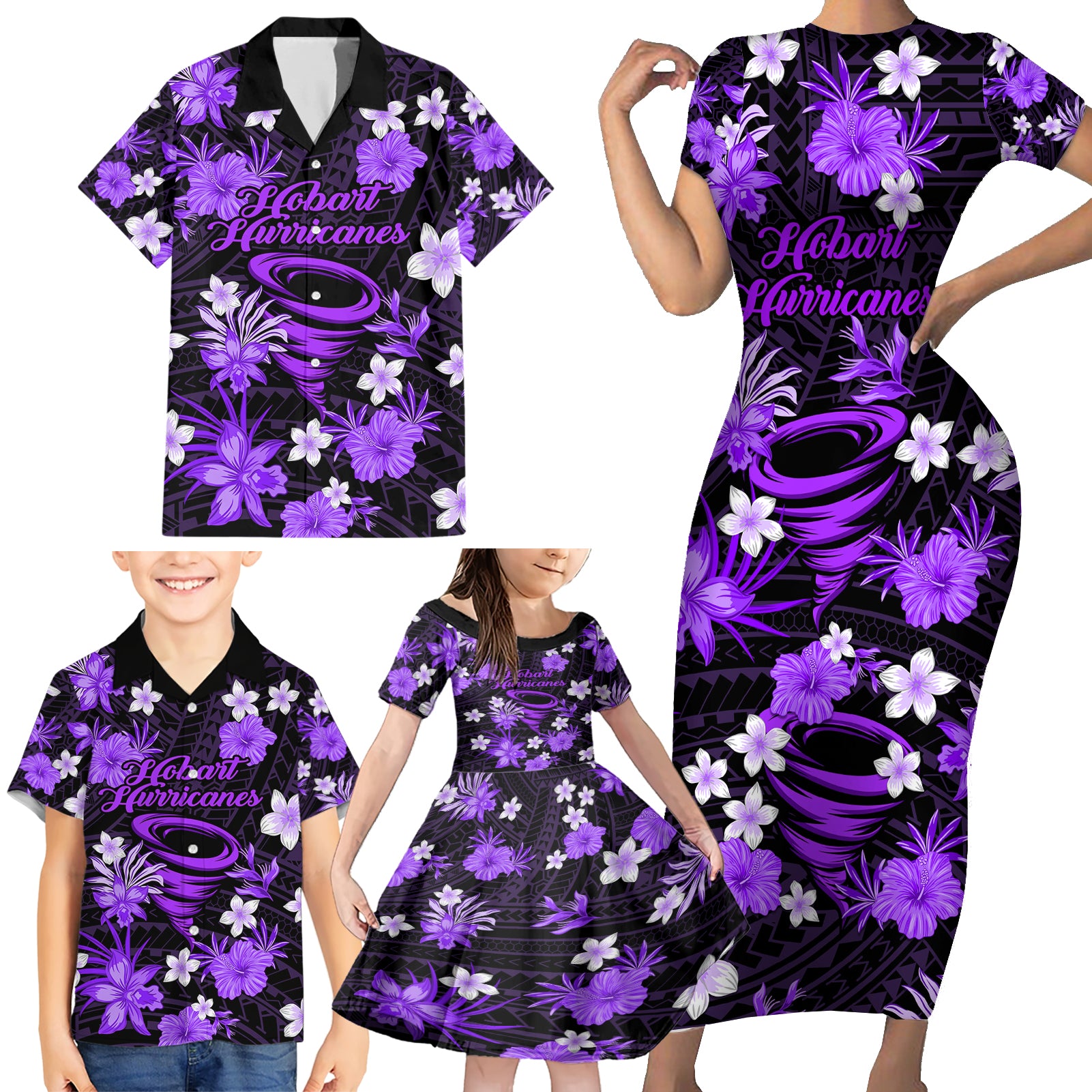 australian-hurricanes-cricket-family-matching-short-sleeve-bodycon-dress-and-hawaiian-shirt-baeuty-pacific-hibiscus-and-polynesian-pattern