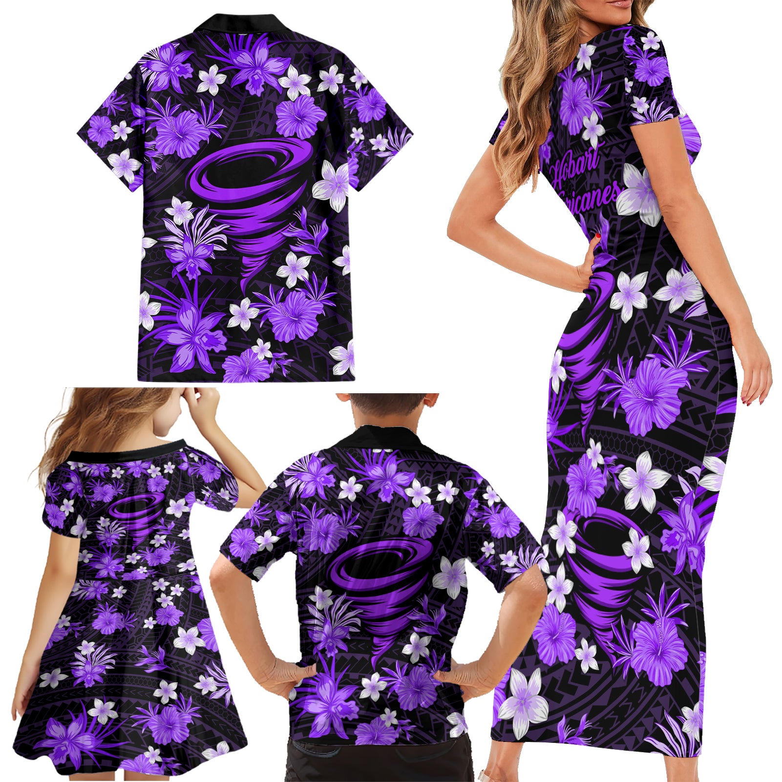 australian-hurricanes-cricket-family-matching-short-sleeve-bodycon-dress-and-hawaiian-shirt-baeuty-pacific-hibiscus-and-polynesian-pattern