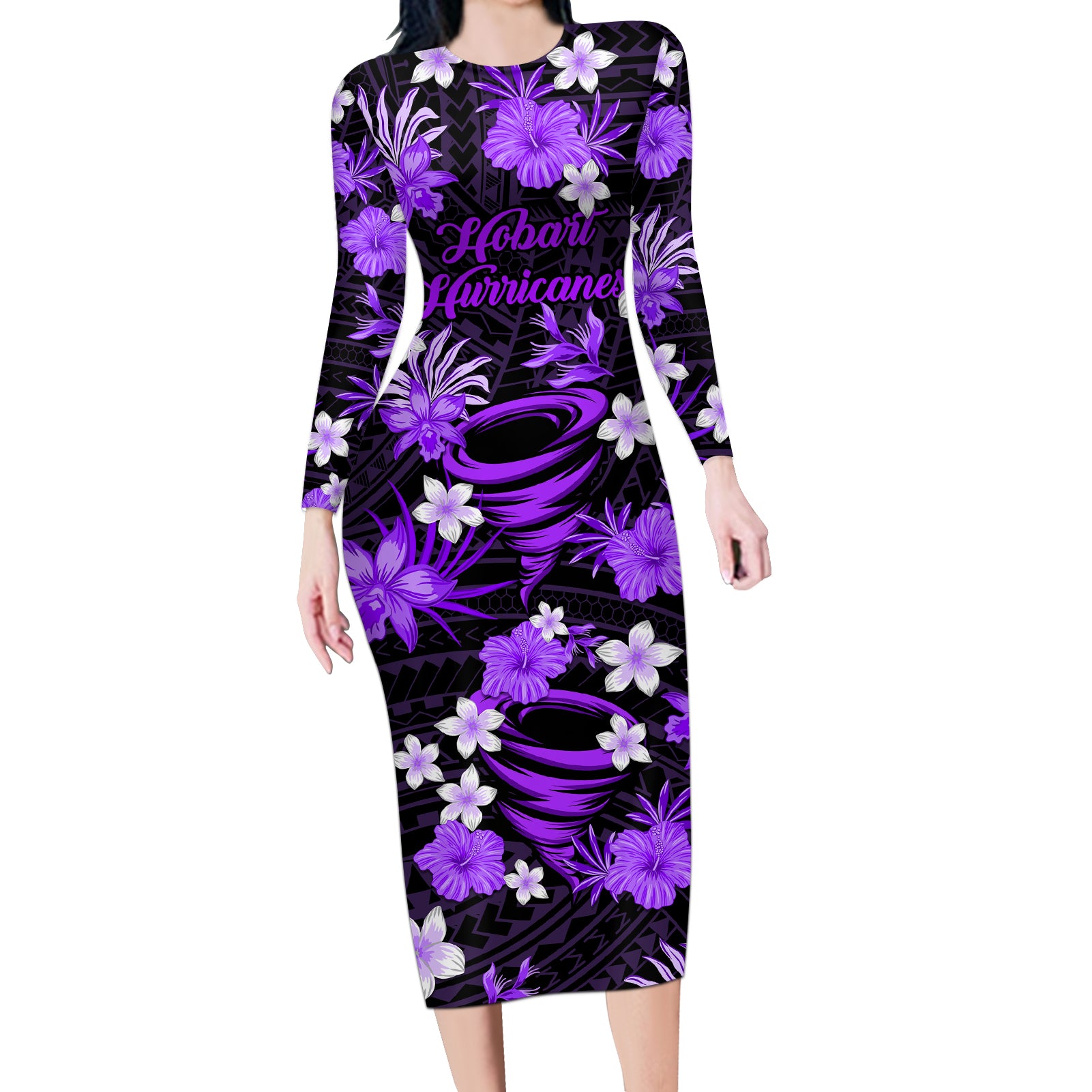 australian-hurricanes-cricket-long-sleeve-bodycon-dress-baeuty-pacific-hibiscus-and-polynesian-pattern