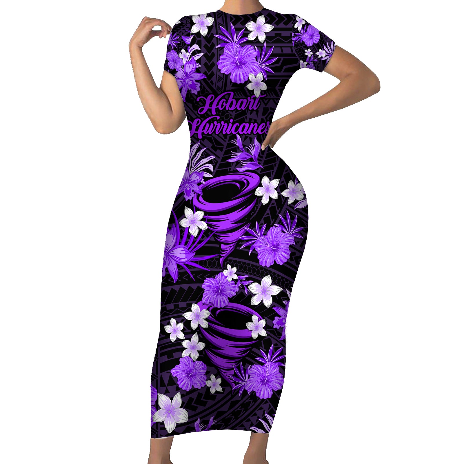 australian-hurricanes-cricket-short-sleeve-bodycon-dress-baeuty-pacific-hibiscus-and-polynesian-pattern