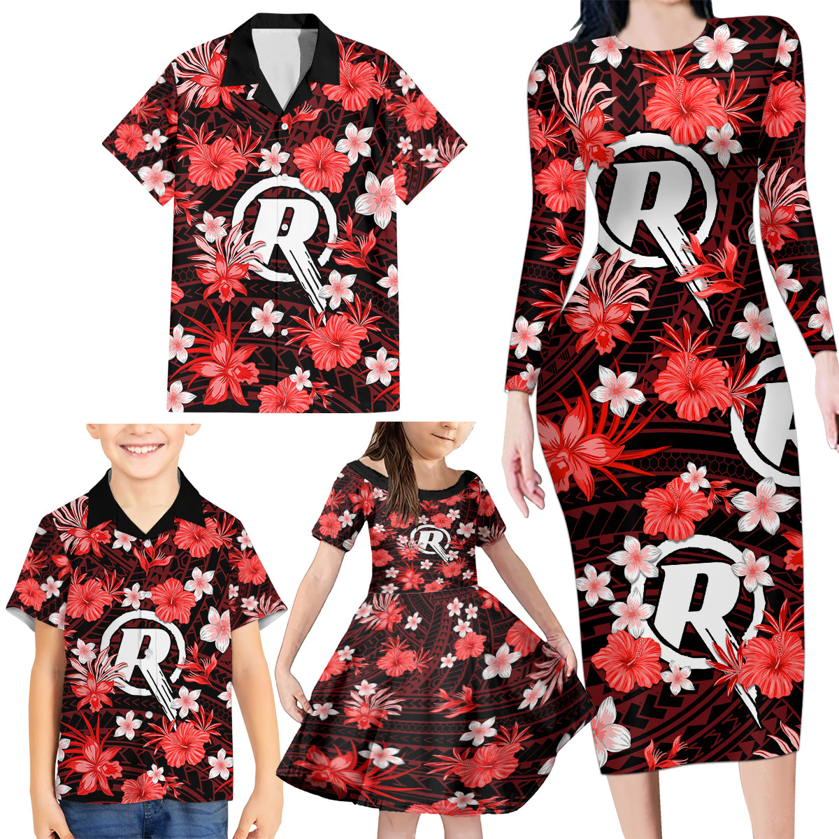 australian-renegades-cricket-family-matching-long-sleeve-bodycon-dress-and-hawaiian-shirt-baeuty-pacific-hibiscus-and-polynesian-pattern