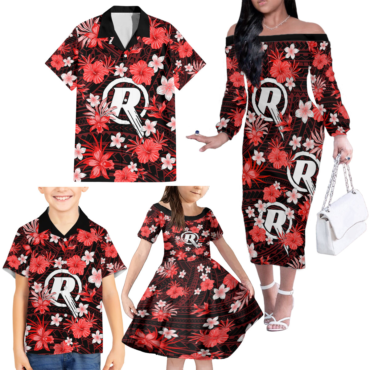 australian-renegades-cricket-family-matching-off-shoulder-long-sleeve-dress-and-hawaiian-shirt-baeuty-pacific-hibiscus-and-polynesian-pattern