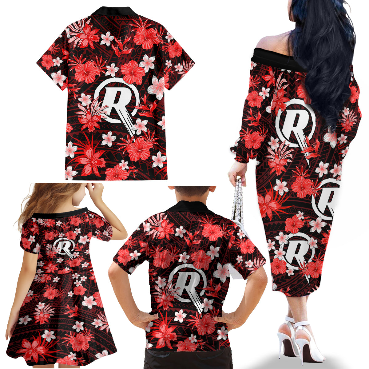 australian-renegades-cricket-family-matching-off-shoulder-long-sleeve-dress-and-hawaiian-shirt-baeuty-pacific-hibiscus-and-polynesian-pattern