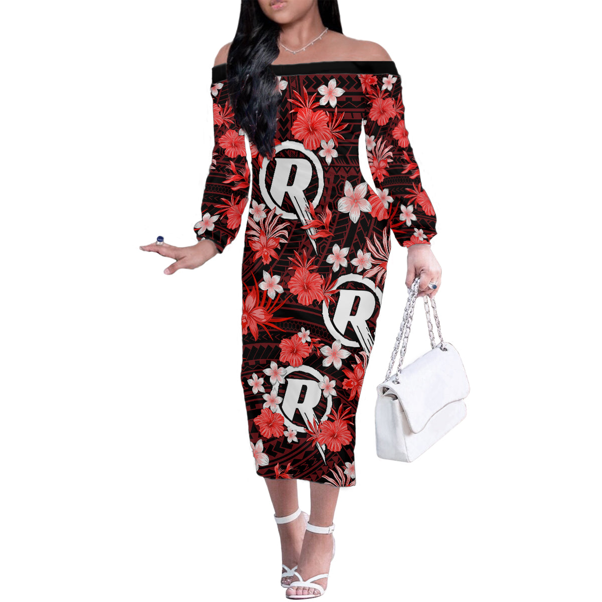 australian-renegades-cricket-family-matching-off-shoulder-long-sleeve-dress-and-hawaiian-shirt-baeuty-pacific-hibiscus-and-polynesian-pattern