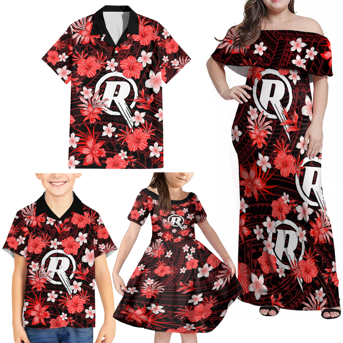 australian-renegades-cricket-family-matching-off-shoulder-maxi-dress-and-hawaiian-shirt-baeuty-pacific-hibiscus-and-polynesian-pattern