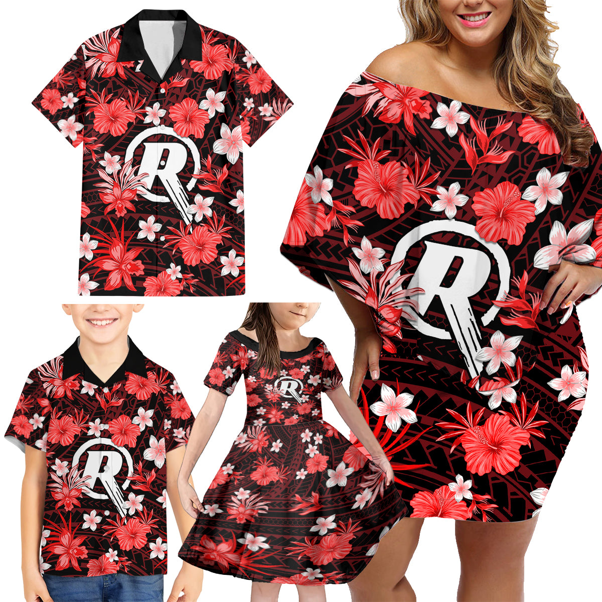 australian-renegades-cricket-family-matching-off-shoulder-short-dress-and-hawaiian-shirt-baeuty-pacific-hibiscus-and-polynesian-pattern