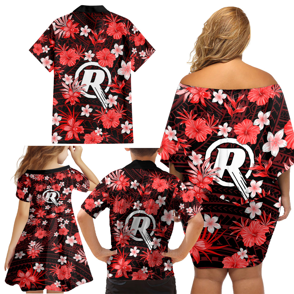 australian-renegades-cricket-family-matching-off-shoulder-short-dress-and-hawaiian-shirt-baeuty-pacific-hibiscus-and-polynesian-pattern