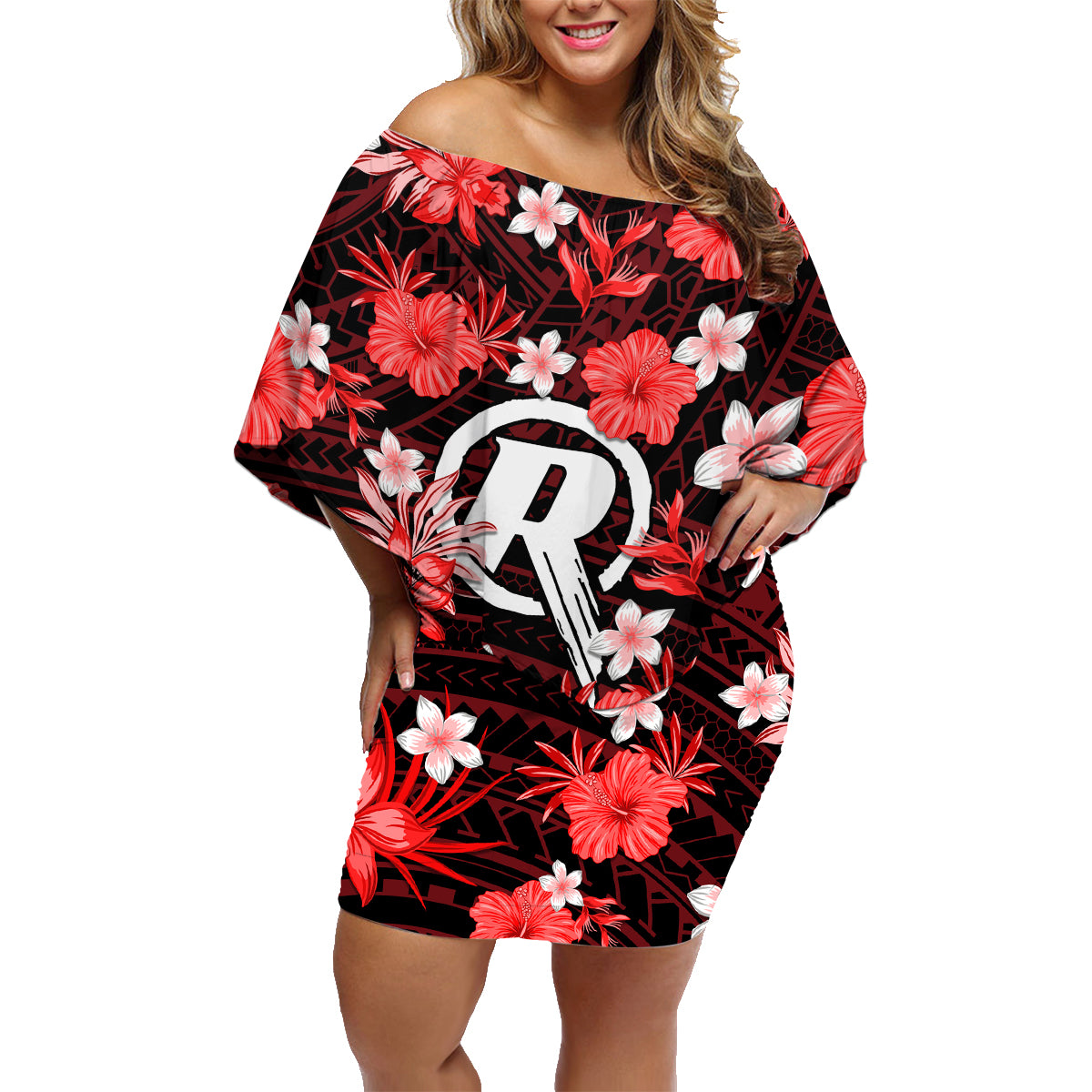 australian-renegades-cricket-family-matching-off-shoulder-short-dress-and-hawaiian-shirt-baeuty-pacific-hibiscus-and-polynesian-pattern